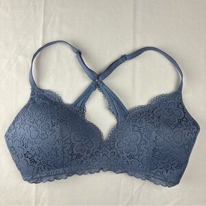Aerie Lace Wireless Bralette in Dusty Blue 32 D Strappy Racerback Stretch Lined